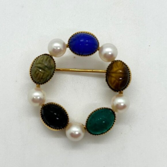 Vtg Wells Brooch Egyptian Revival Scarab Stone14k Gold-Filled Faux Pearl Wreath - Picture 2 of 14
